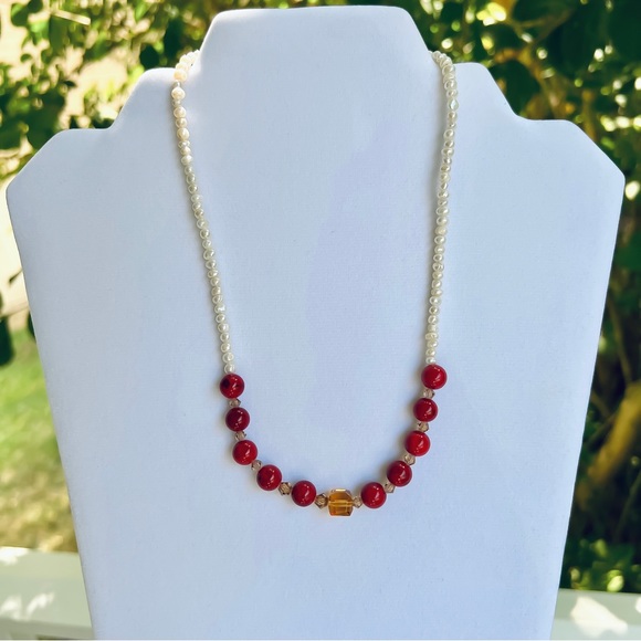 Red Jasper, Amber & Fresh Water Pearl Necklace - Picture 3 of 8